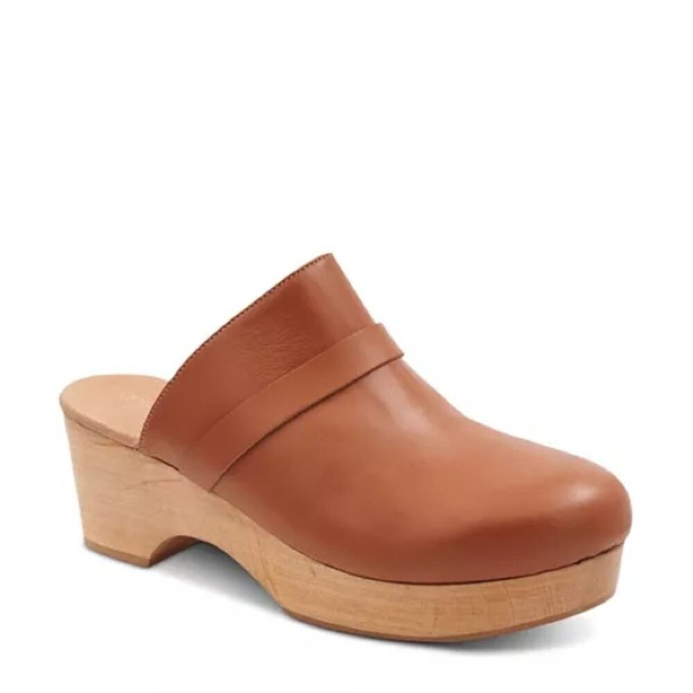 Sz10 Andre assoue brown tan slip on heeled Sofi clog wooden leather chunky amber - Picture 1 of 7